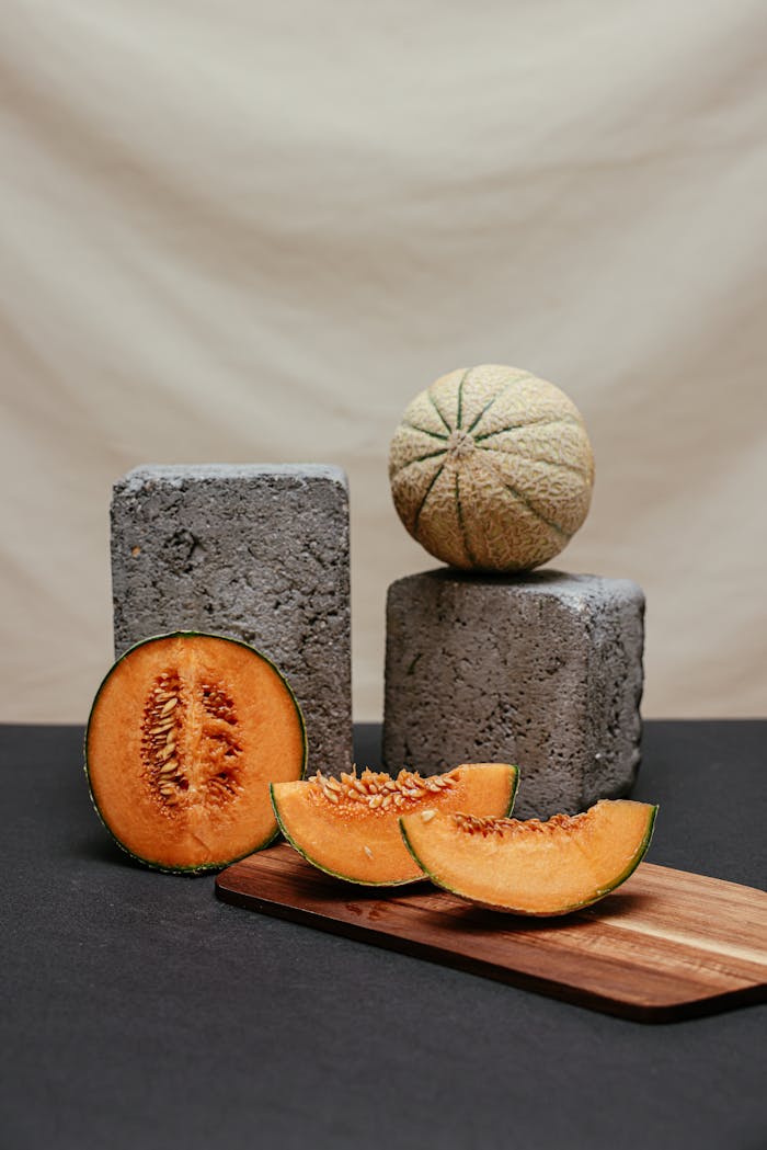 Artistic composition featuring sliced cantaloupe and whole melon against concrete blocks.